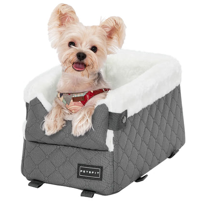 [5-Year Warranty] PETSFIT Center Console Dog Car Seat with Safe Protection Hooks, Pet Car Seat with Upgraded Safety Tethers, Washable Cushion, Console Dog Car Seats for Small Dogs up to 8 Lbs (Grey)