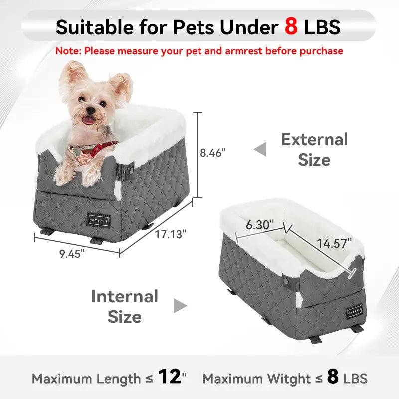 [5-Year Warranty] PETSFIT Center Console Dog Car Seat with Safe Protection Hooks, Pet Car Seat with Upgraded Safety Tethers, Washable Cushion, Console Dog Car Seats for Small Dogs up to 8 Lbs (Grey)