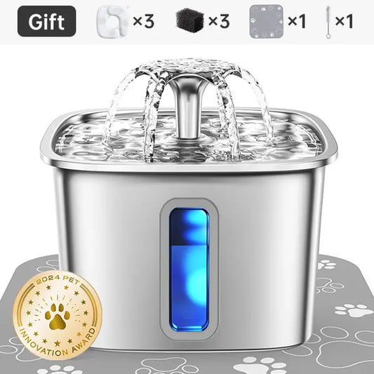 【Veken】Innovation Award Winner Stainless Steel Cat Water Fountain, 108Oz/3.2L Automatic Pet Fountain Dog Water Dispenser with Replacement Filters & Silicone Mat for Cats, Dogs, Multiple Pets