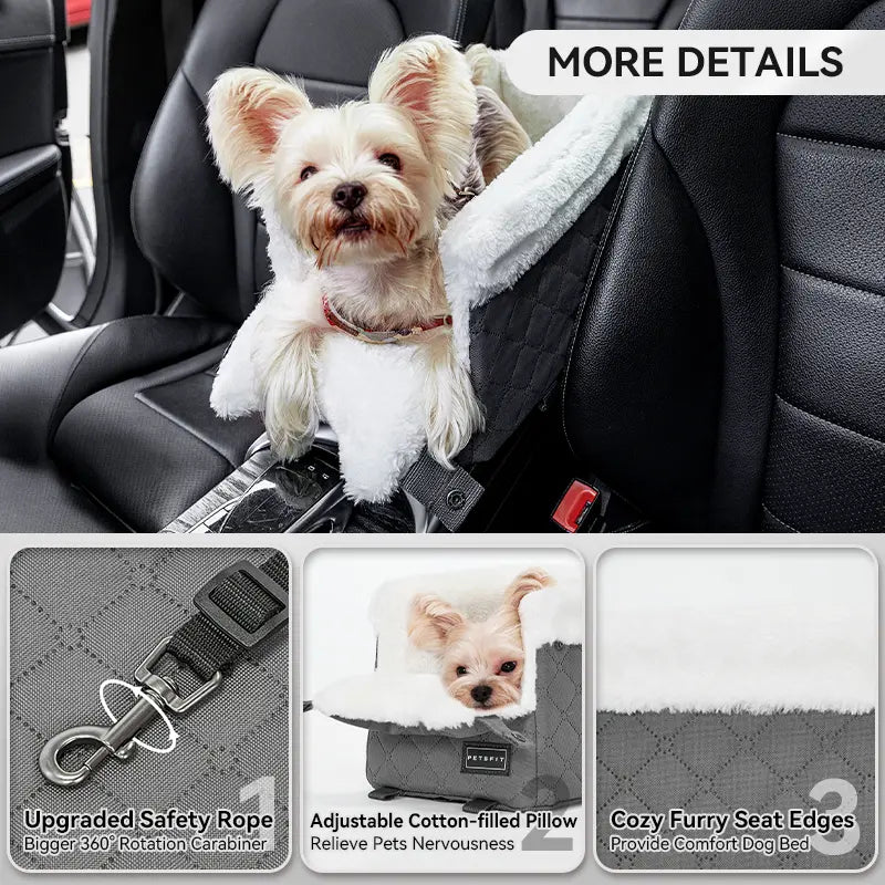 [5-Year Warranty] PETSFIT Center Console Dog Car Seat with Safe Protection Hooks, Pet Car Seat with Upgraded Safety Tethers, Washable Cushion, Console Dog Car Seats for Small Dogs up to 8 Lbs (Grey)