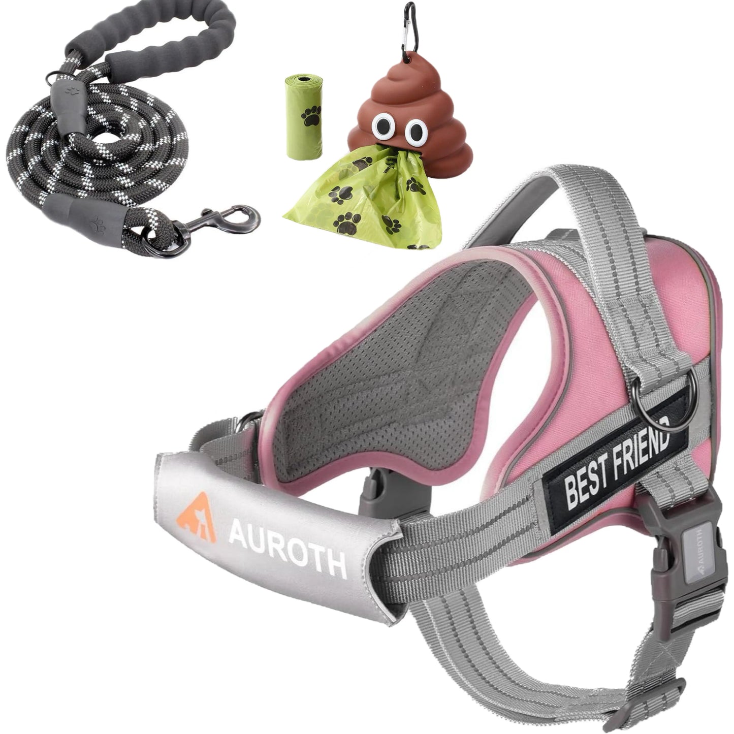 【#Summervibes #Petlovers】Auroth No Pull Dog Harness and Leash Combo with Cute Poop Bag Holder, Reflective Adjustable Soft Padded Safety Harness, Dog Poop Bag Dispenser with 1 Roll 15 Bags, Dog Walking & Training Kit for Small Medium Large Dogs