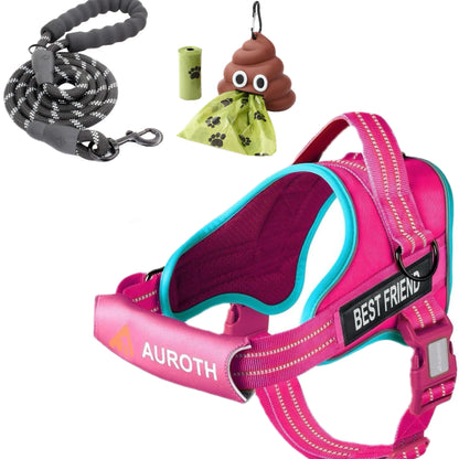 【#Summervibes #Petlovers】Auroth No Pull Dog Harness and Leash Combo with Cute Poop Bag Holder, Reflective Adjustable Soft Padded Safety Harness, Dog Poop Bag Dispenser with 1 Roll 15 Bags, Dog Walking & Training Kit for Small Medium Large Dogs