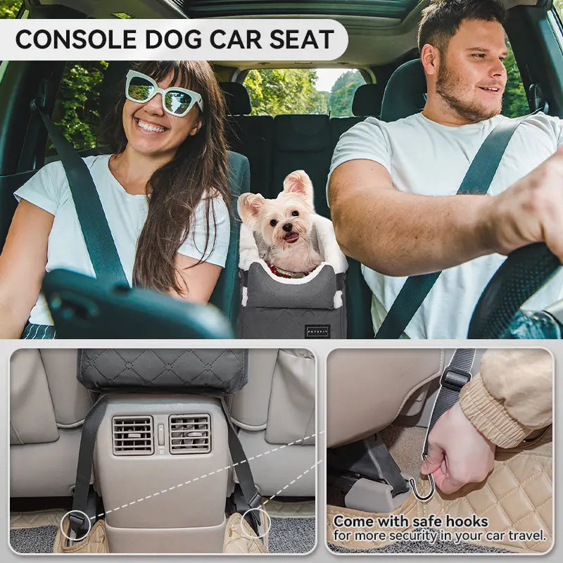 [5-Year Warranty] PETSFIT Center Console Dog Car Seat with Safe Protection Hooks, Pet Car Seat with Upgraded Safety Tethers, Washable Cushion, Console Dog Car Seats for Small Dogs up to 8 Lbs (Grey)